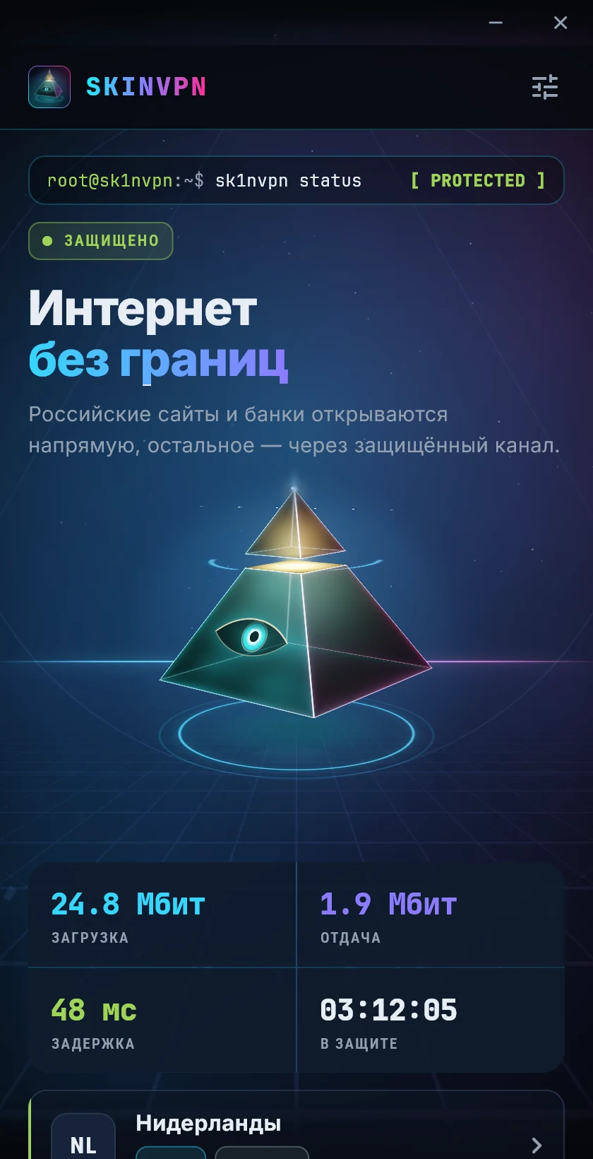 Главный экран SKINVPN: защищено, скорость и задержка